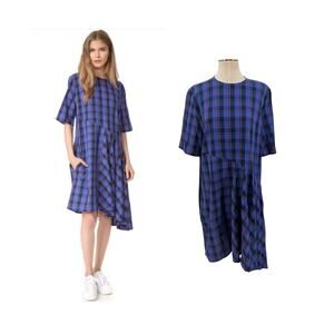 Public School Abi Rima Plaid Asymmetric Ruffle Midi Dress Blue Size 4